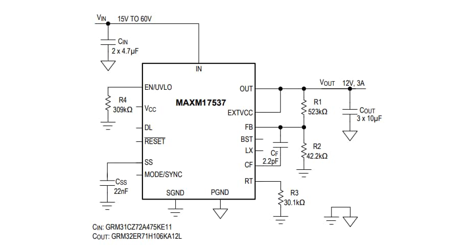 应用电路图 - Analog Devices Inc. MAXM17537降压SiP电源模块